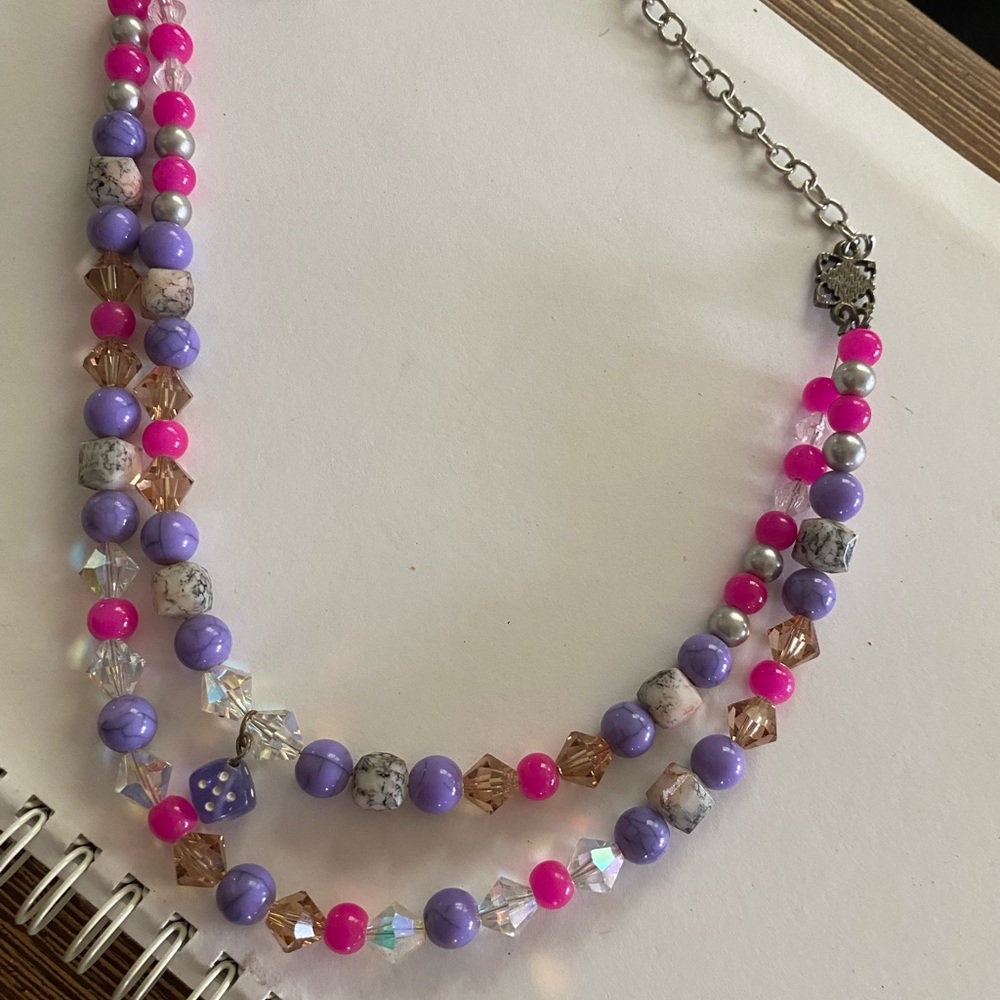 Source Unknown Pink, Lavender & Crystal Multi-Strand Beaded Necklace
